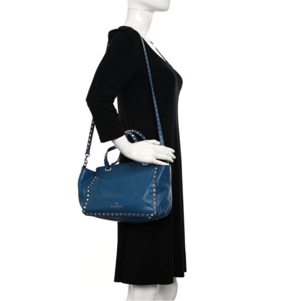 Valentino Garavani Blue Vitello Rockstud 2 Ways Small Shoulder Tote Bag